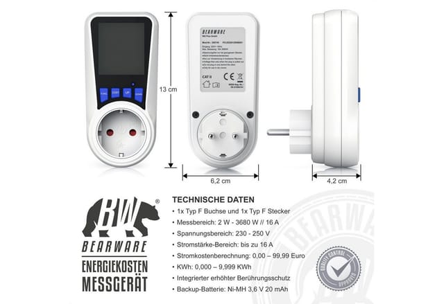BEARWARE Energiekostenmessgerät Stromkostenmessgerät, max. 3680 W, Stromverbrauchszähler mit Display, Strommesser/Stromzähler für Steckdose, LCD mit Hintergrundbeleuchtung