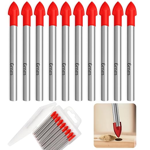 Set Mit 10 6-mm-bohrern Für Glas Und Fliesen – Geeignet Für Fliesen, Keramik, Glas, Aluminium, Holz, Kunststoff, Marmor, Beton, Granit – Hartmetallspitze, Langlebig, Präzise, Saubere Und Ordentliche B