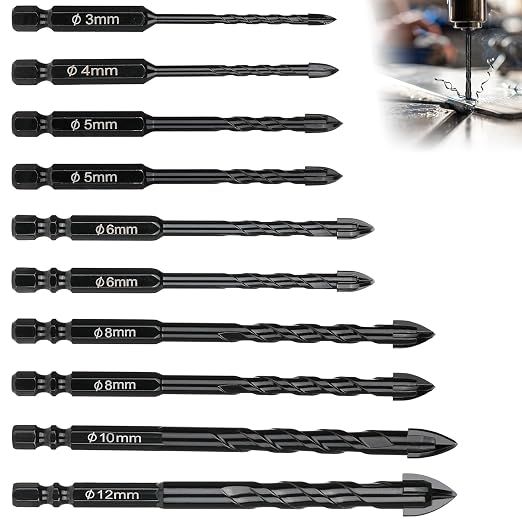 10-teiliges Fliesenbohrer-set, Professionelle Keramikbohrer Ø 3/4/5/6/8/10/12 Mm, Sechskant-glasbohrer, Hartmetallbohrer, Für Keramik, Marmor, Granit, Beton, Holz, Glas Und Kunststoff