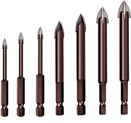 7-teiliges Spiralbohrer-set, Metallbohrer, Kreuz-sechskant-fliesenbohrer, Hartmetall-steinbohrer, Für Keramikfliesen, Beton, Ziegelwände, Glas (3, 4, 5, 6, 8, 10, 12 Mm)