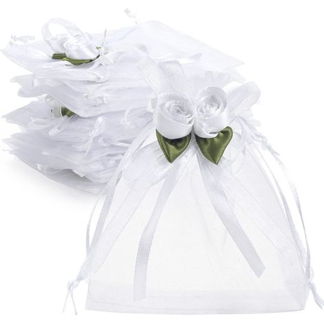 50er-packung Organza-geschenktüten Mit Weißer Rose Und Kordelzug, 4" X 5", Gastgeschenktüten Für Hochzeiten, Kleine Netzbeutel Für Süßigkeiten, Schmuckbeutel Für Partys, Hochzeiten, Weihnachten, Diy.