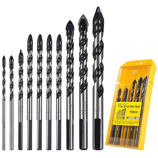 Hpmaison Set Mit 10 Multi-material-bohrern Für Porzellan, Keramik, Ziegel, Kunststoff, Zement, Holz, Glas, Spiegel Und Mauerwerksfliesen (3, 4, 5, 6, 6, 6, 6, 8, 10, 12 Mm)