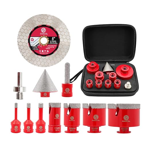 Focstol Diamant-fliesenbohrer-set – 11-teilig (6/6/8/25/35/50/68 Mm + 10-mm-fräser + 50-mm-fasenbohrer + Adapter + 125-mm-scheibe) Diamant-lochsäge Für Porzellanfliesen, Marmor, Granit