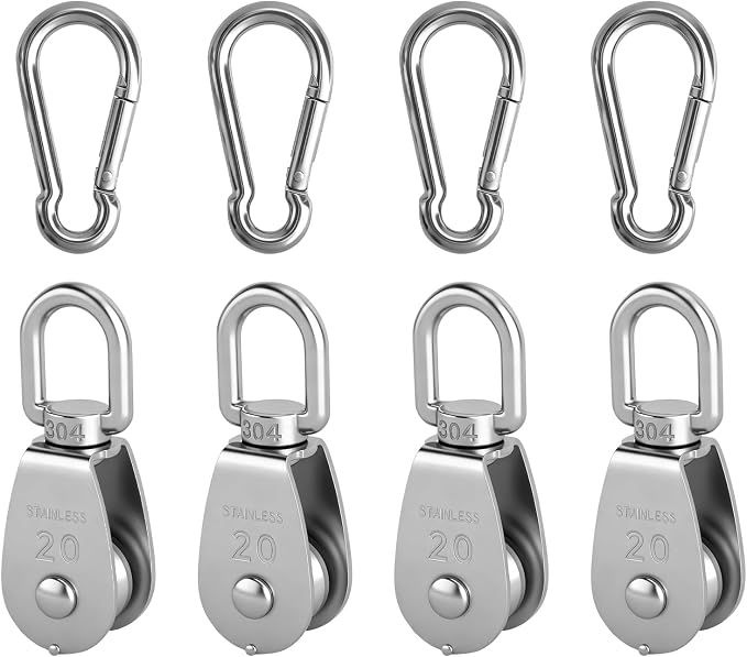 8-teiliges Seilrollen-set, 4x M20 Edelstahlrollen Mit Kugellagern, 4x M6 Karabiner - 75 Kg Tragfähigkeit, 360° Drehbares Rollensystem Für Sonnensegel, Sport Und Heimwerkerprojekte
