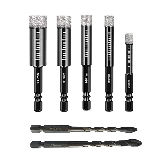 Set Mit 7 Diamant-fliesenbohrern (6, 8, 10, 12, 14 Mm) Mit 6/8-mm-hartmetallbohrer Für Keramik, Granit, Porzellan, Fliesen Und Glas