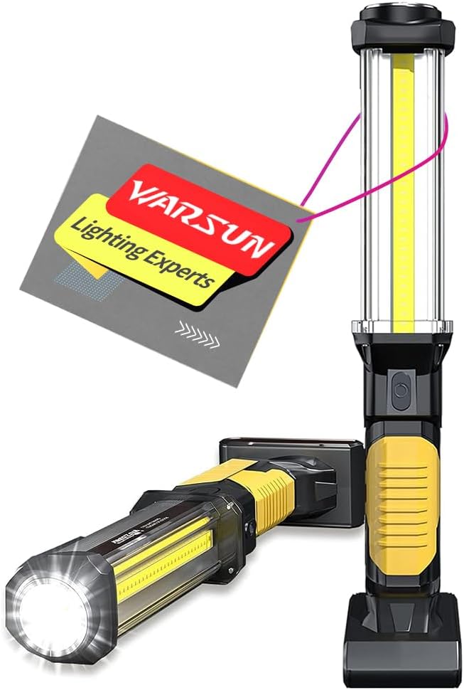 Warsun 1500 Lumen Akku-werkstattlampe [klasse A+++], Wiederaufladbare Cob-arbeitsleuchte Mit Magnetfuß/haken – Leistungsstarke Led-arbeitsleuchte Für Die Garage, Gelb