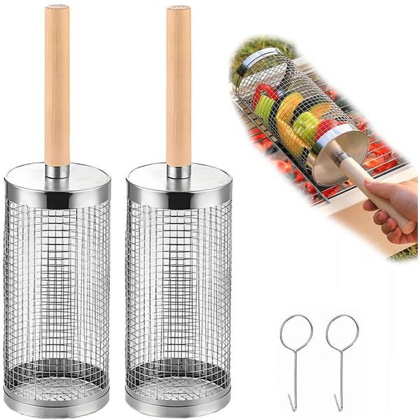 Set Aus 2 Grillkörben Mit Rollen Aus Edelstahl 304 – Mit Abnehmbarem Holzgriff, Perfekt Für Gemüse, Garnelen Und Grillfleisch, Praktisches Zubehör Für Das Grillen Im Freien