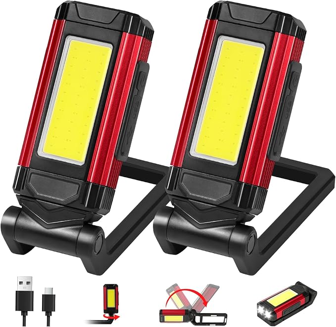 Leistungsstarke, Wiederaufladbare Led-arbeitsleuchte Mit Magnetfuß Und Klapphaken, 7 Modi, Mechanikerleuchte, Cob-taschenlampe Für Werkstatt, Camping, Notfälle (2 Stück)
