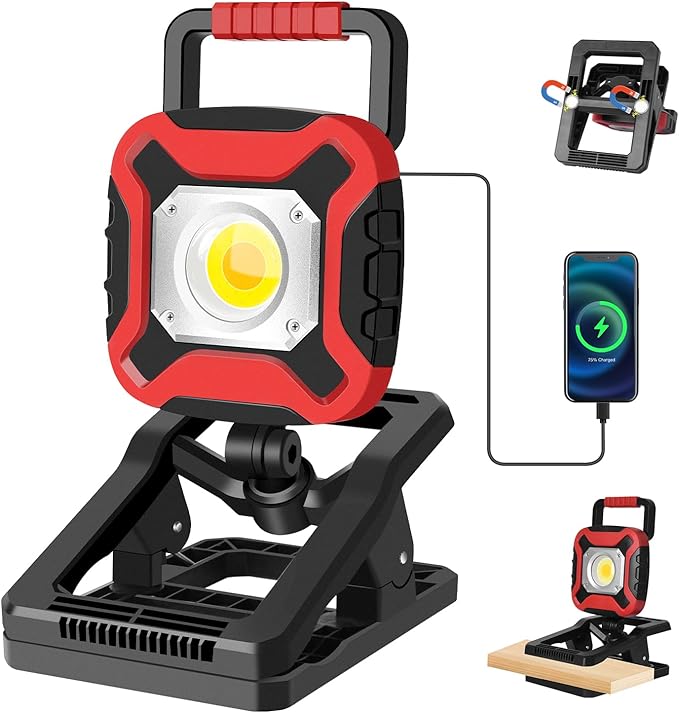 Masmejor Wiederaufladbare Led-arbeitsleuchte 2100 Lm Mit Klemme Und Magnet - 4000 Mah, 4 Beleuchtungsmodi, 360° Schwenkbar, Ideal Für Baustellen, Werkstätten, Camping, Reparaturen Und Notfälle