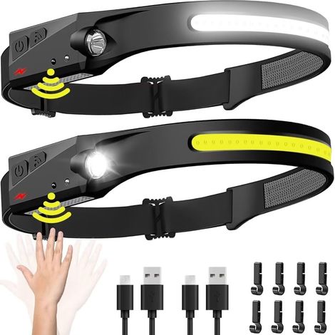 Wiederaufladbare Stirnlampe (2 Stück), 230° Breiter Abstrahlwinkel, Led-stirnlampe Mit Bewegungssensor Für Erwachsene – Campingzubehör, Wasserdichte Stirnlampe/taschenlampe Zum Wandern, Laufen, Repari