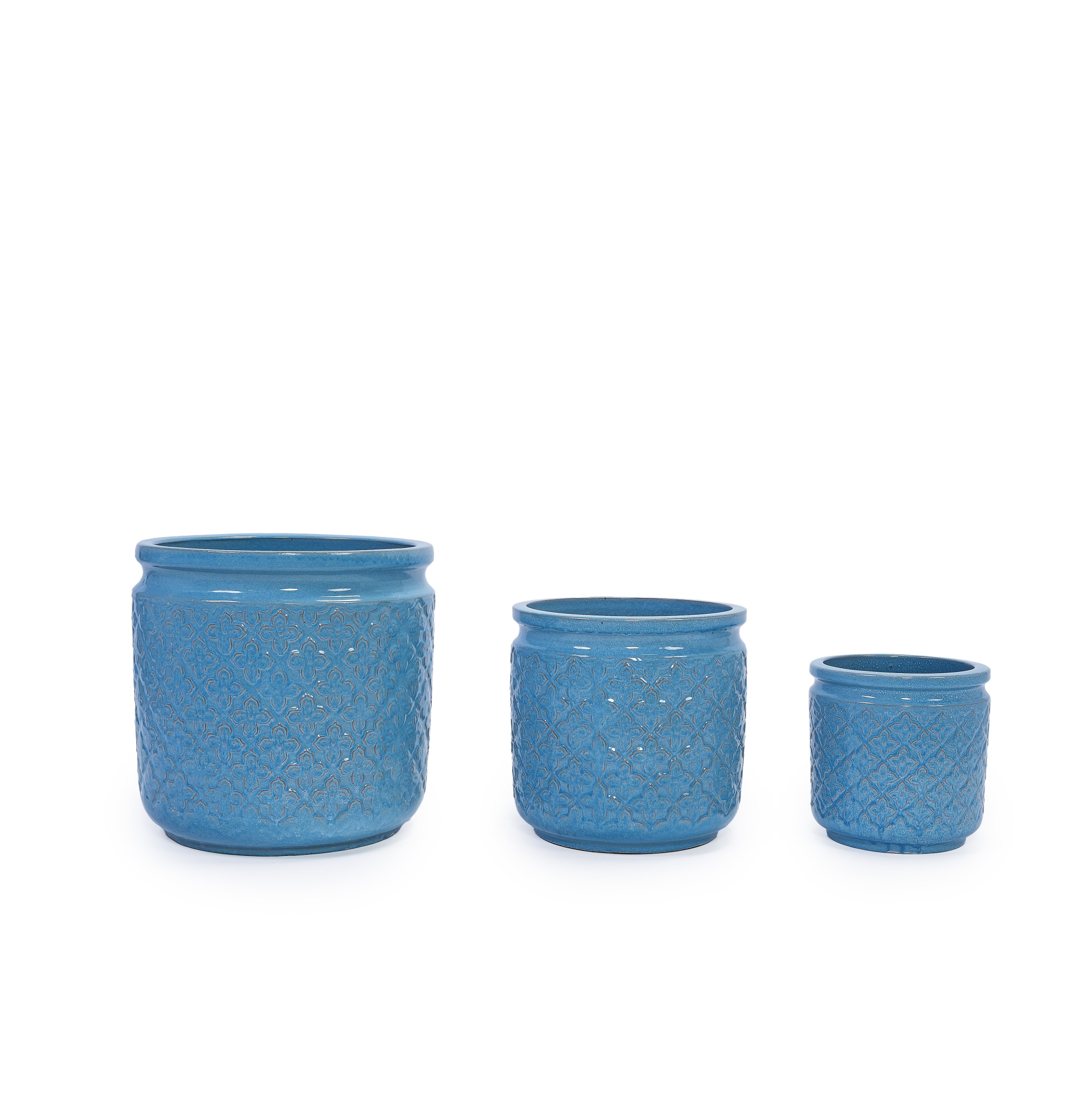 3er-set Blaue Keramik-blumentöpfe Mit Geometrischem Muster, Ø 38,1/30,5/22,9 Cm