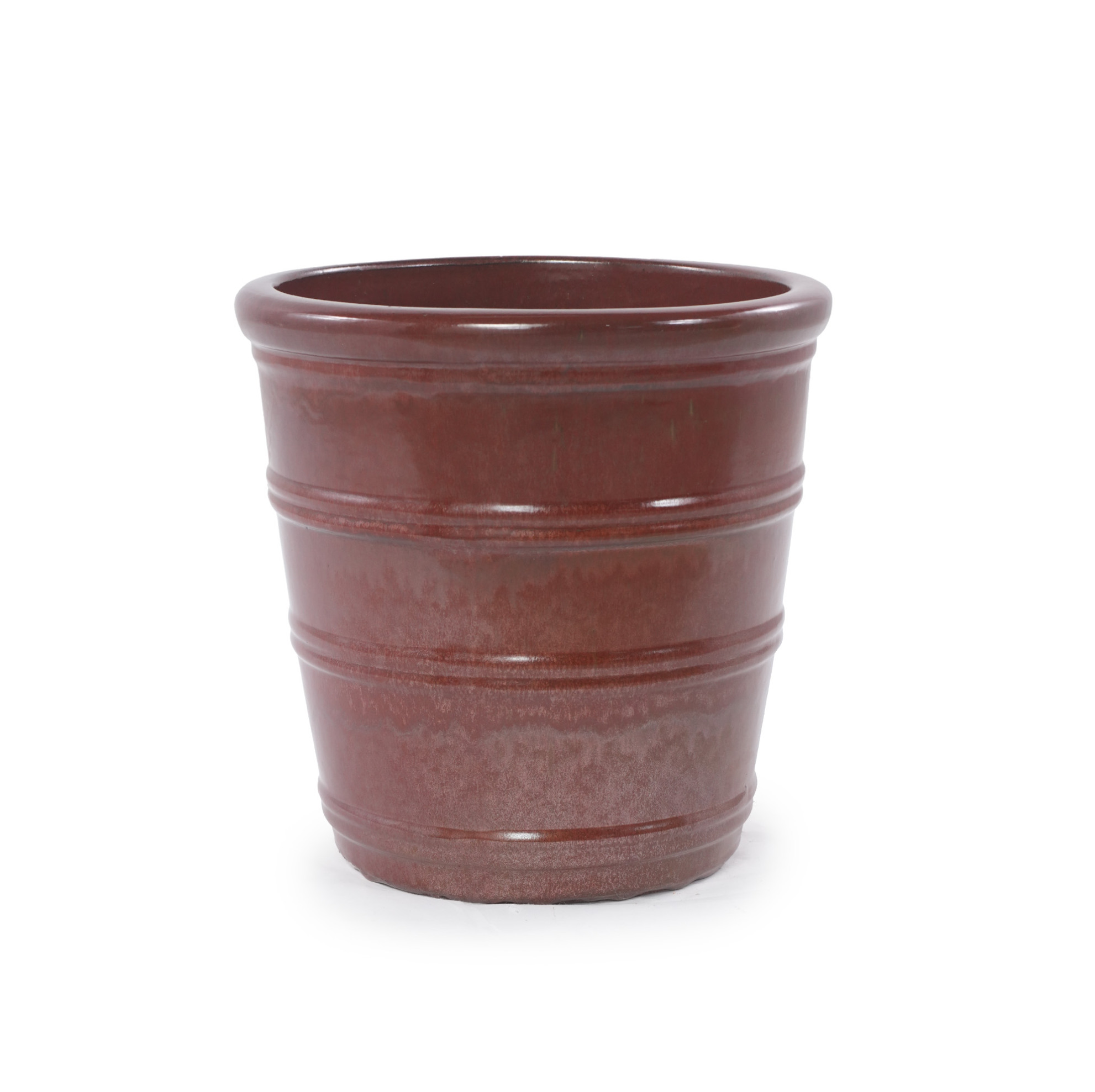 Handgefertigter Keramik-blumentopf Ø 40,5 Cm Rotbraun Glänzend Mit Horizontalen Rillen