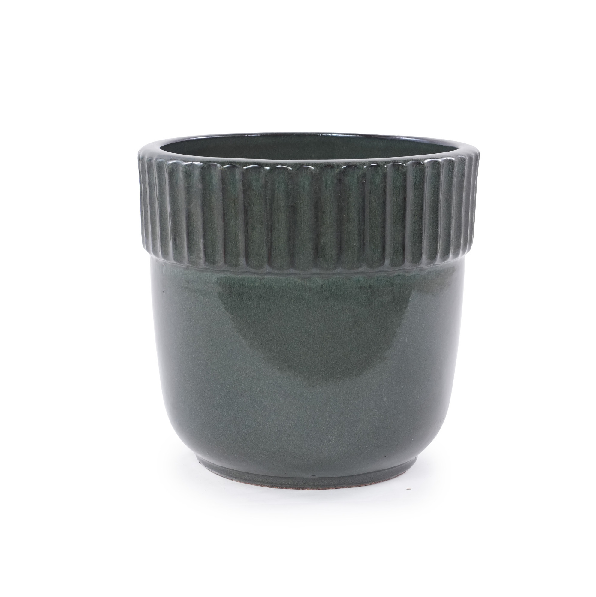 Handgefertigter Keramik-blumentopf Ø 23 Cm Dunkelgrün Glasiert Mit Rillen Und Abflusslöchern