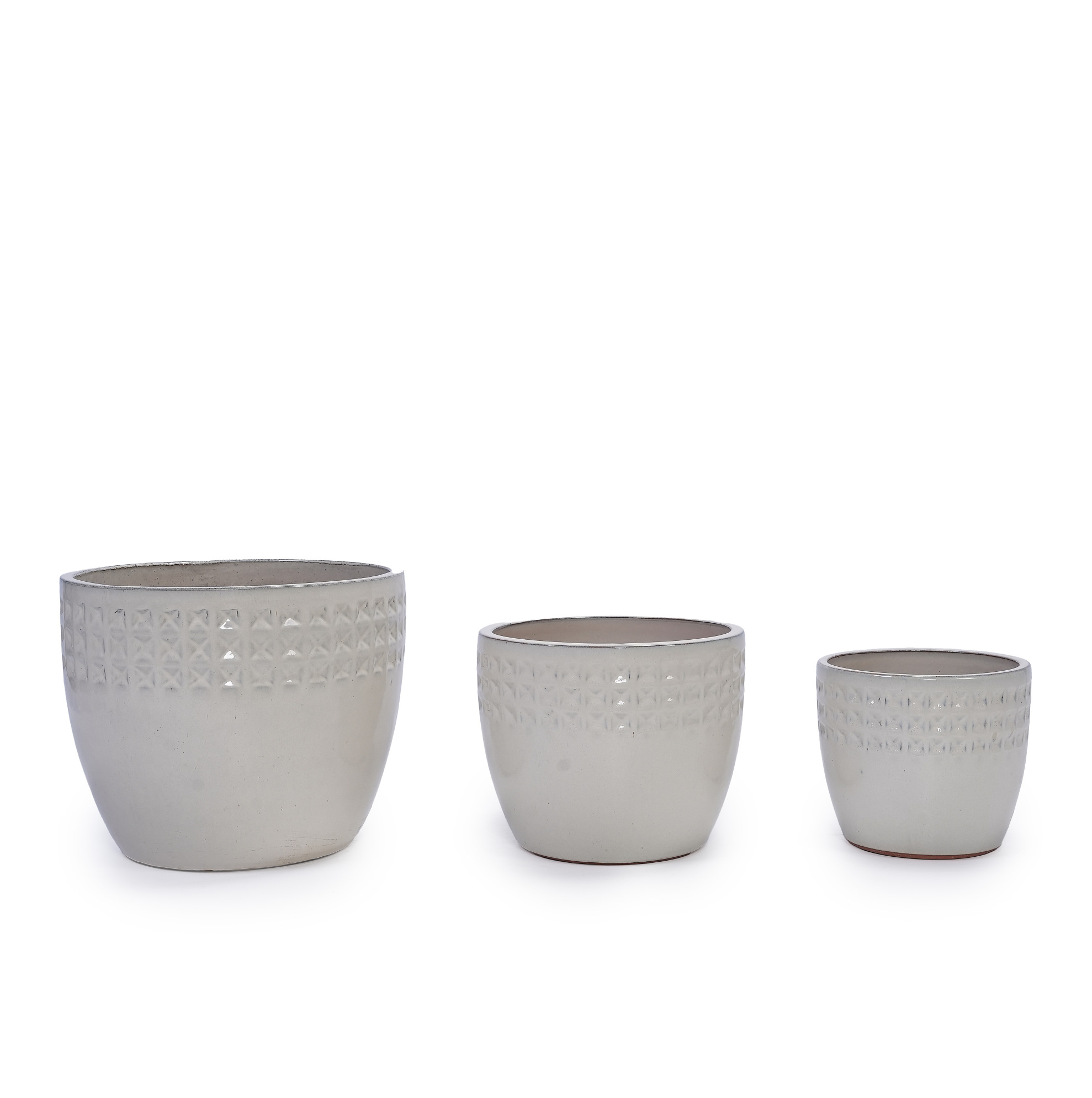 3er-set Glasierte Keramik-blumentöpfe, Creme, Dreiecksrelief, Ø 38/30,5/23 Cm