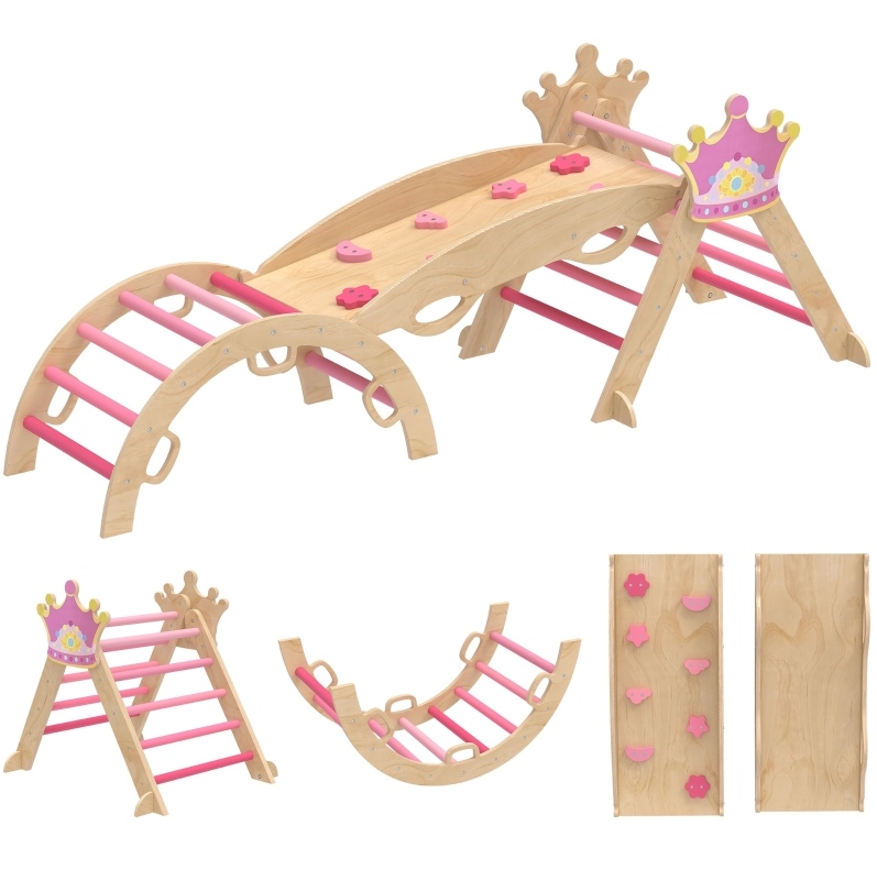 8-in-1 Indoor-klettergerüst Für Kinder Mit Rutsche, Rampe Und Bogen Aus Holz, Rosa Modenuit