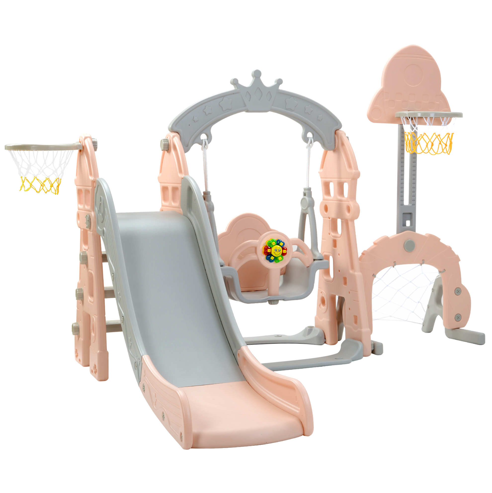 5-in-1 Kinderspielturm Mit Rutsche, Schaukel, Basketballkorb, Fußballtor Und Klettergerüst, Pink
