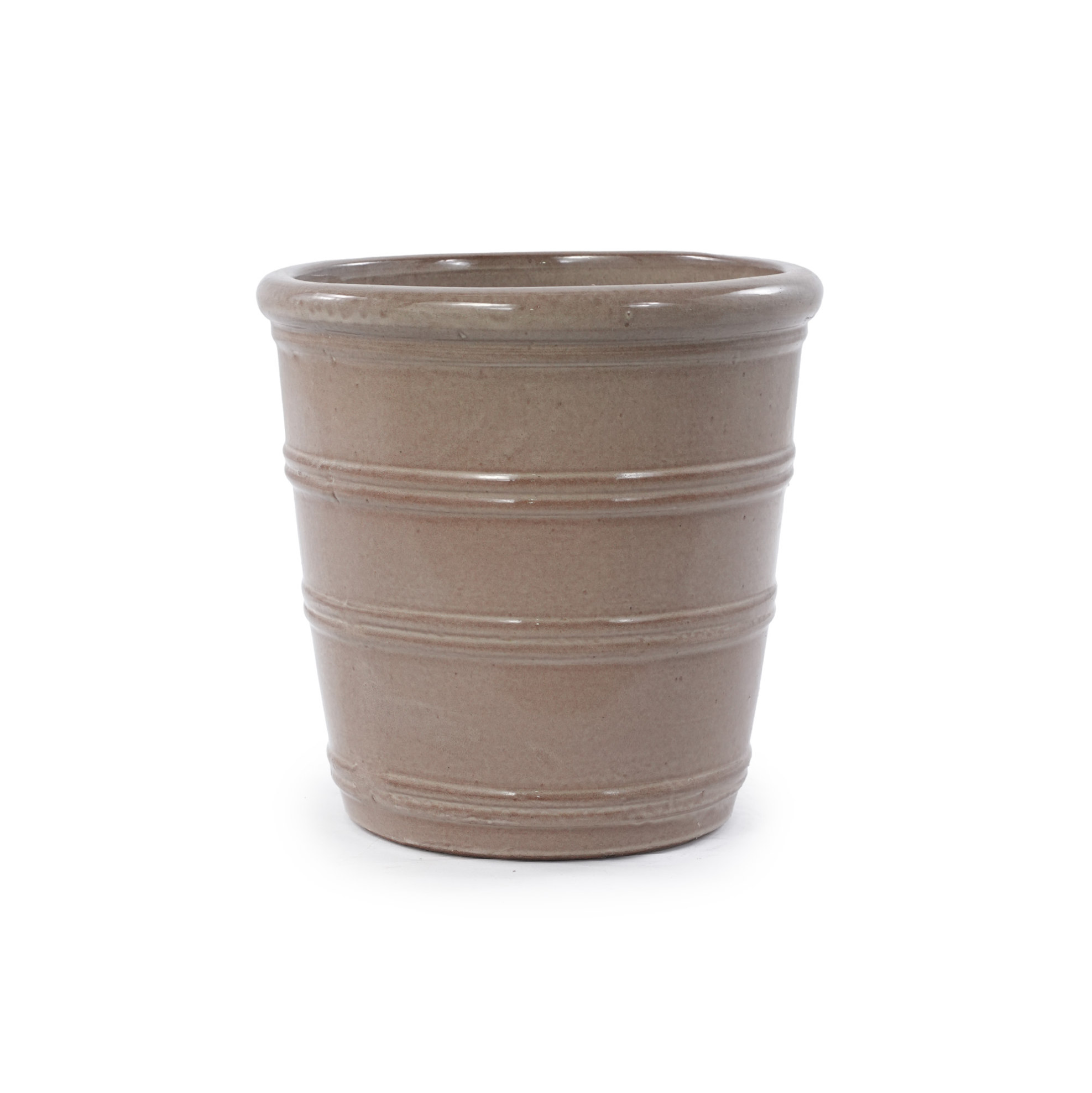 Handgefertigter Keramik-pflanztopf Ø 32 Cm, Glänzend Taupe Mit Horizontalen Rillen