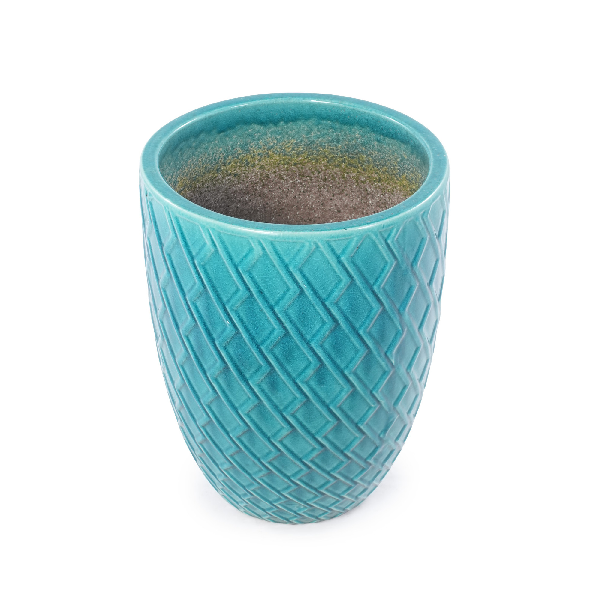 Handgefertigter Keramik-blumentopf 42 Cm, Glänzend Türkisblau, Rautenmuster