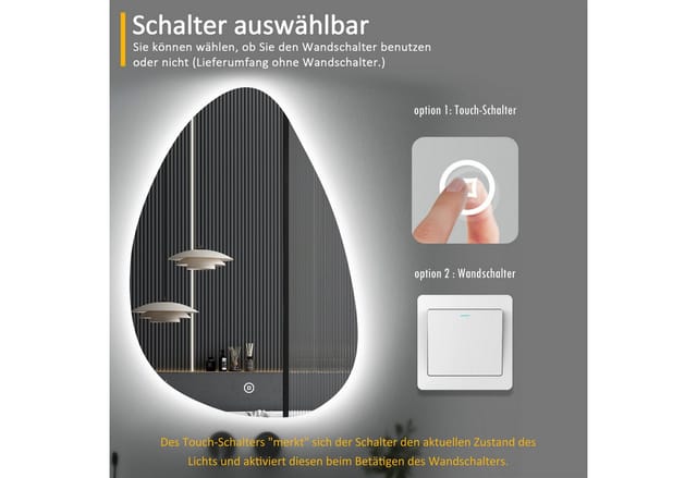 WDWRITTI Wandspiegel mit beleuchtung Badspiegel LED Touch Modern Dreifarbiges Dimmbar (LED Spiegel Bad, Wassertropfen, 55x80cm, 65x90cm), LED Multifunktionspiegel