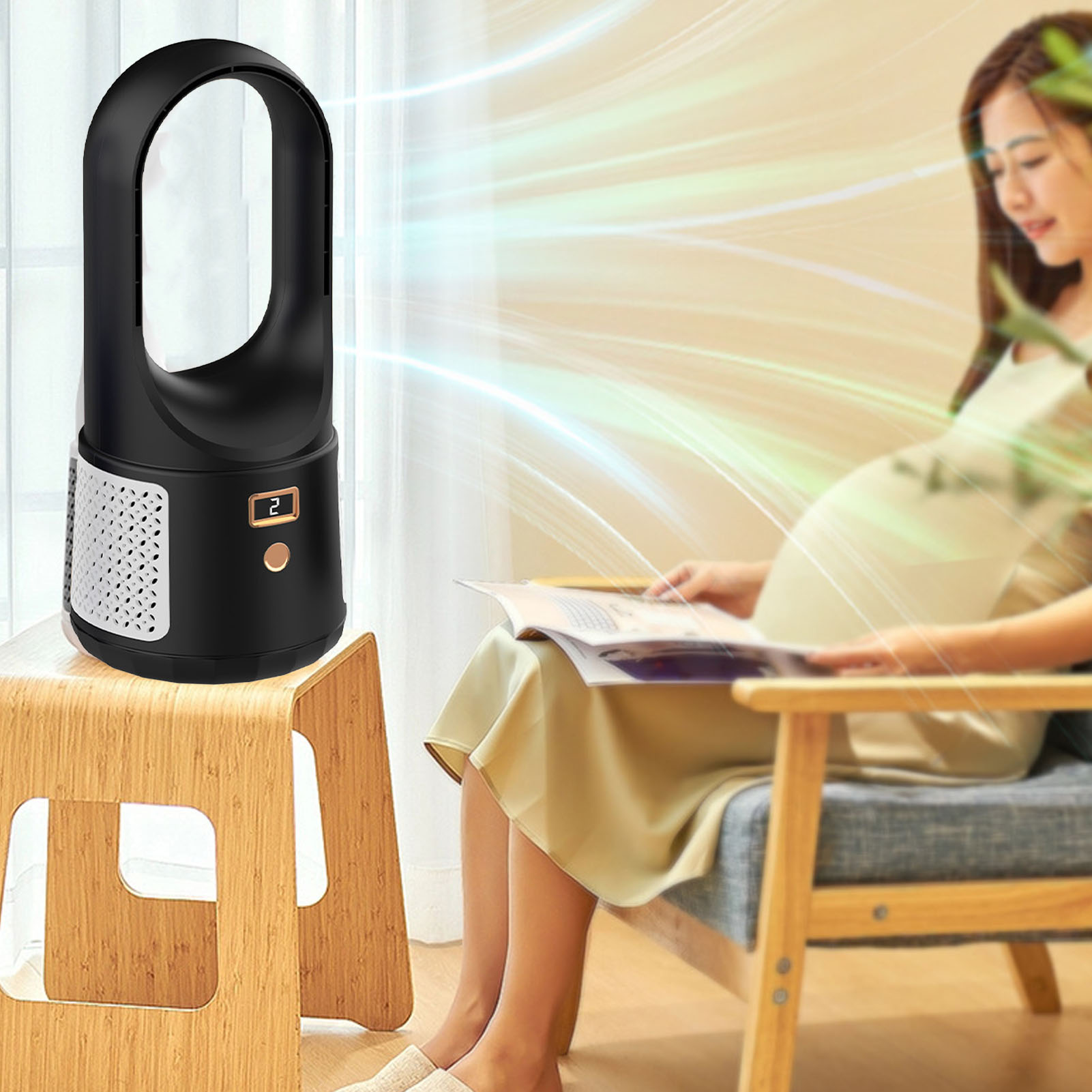 Turmventilator Ohne Rotorblätter, 6 Geschwindigkeitsstufen, Usb-aufladbar, Mit Led-anzeige, Leise, Für Familienbüros Und Studentenwohnheime, Schwarz