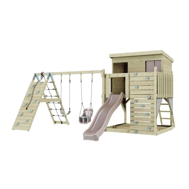 OutdoorToys Spielturm Aksel, aus Holz in Altrosa mit Babyschaukel & Rutsche, Kletterwand