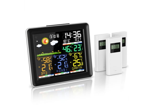 BEARWARE Funk, mit Farbdisplay, Wireless Funksensor/Außensensor, DCF Funkuhr Wetterstation (mit Außensensor, Luftdruck, Wettervorhersage, Barometer, Wecker, Alarm, Snooze)