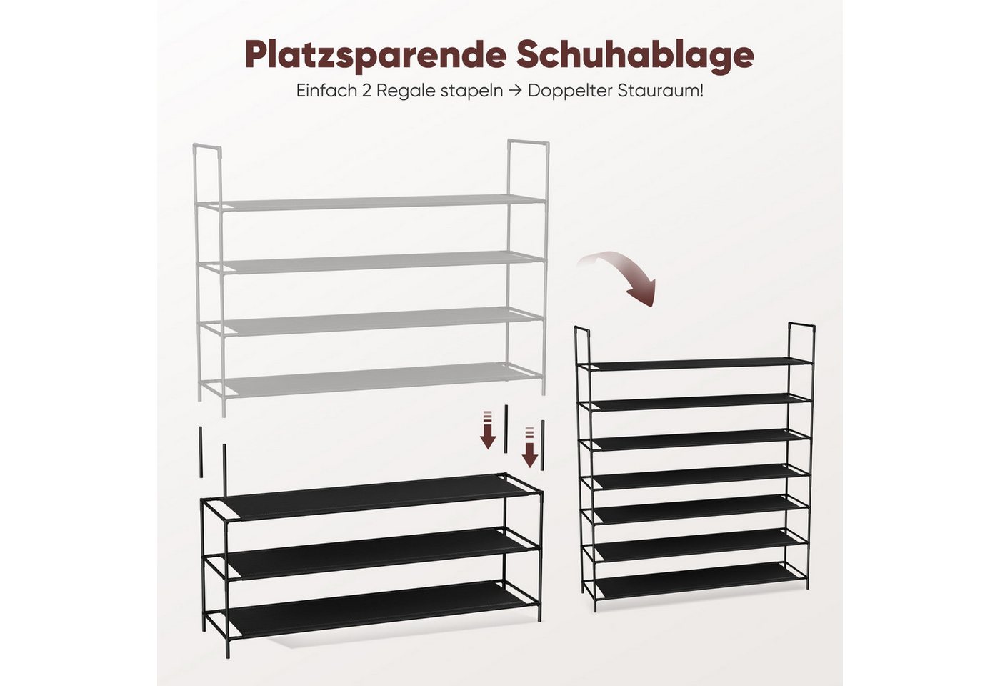 Sekey Schuhregal Schuhständer Metall XXL Ständer Regale Extra Breit 98,5 cm, 3 Ebenen, 12-20 Paar Schuhe, stapelbar & platzsparend, Vlies Bild 3