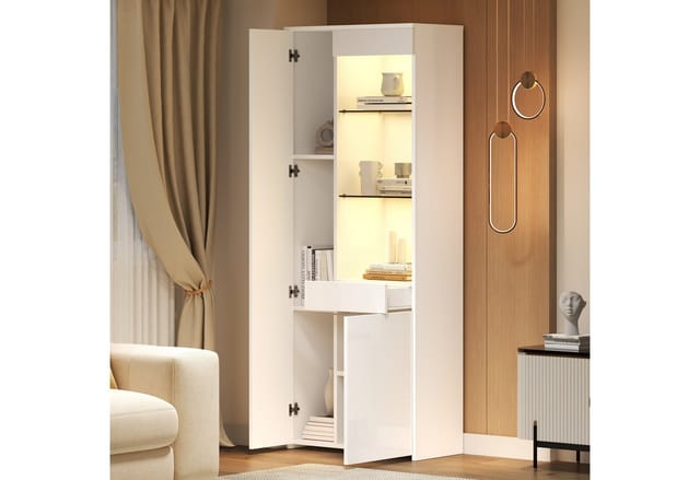 Merax Glasvitrine hochglanz Vitrine mit LED (70*35*180cm, 1-St., Hochschrank Standregal Schrank) Standvitrine Highboard mit Glasfächern, Schublade & Push-to-Open Türen