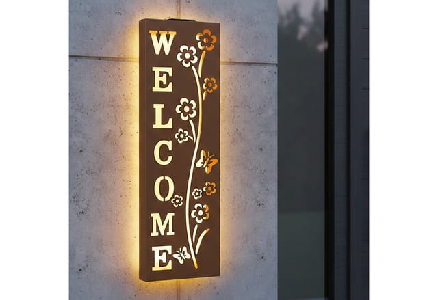 Spetebo LED Wandleuchte Metall WELCOME in Rost Optik - 61 x 20 cm, Solar, LED fest integriert, warm weiß, Inklusive austauschbarem Akku