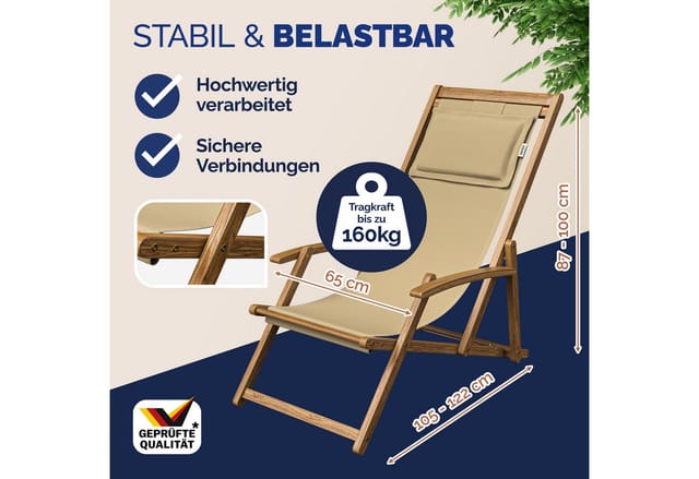 Casaria Gartenliege Beige, 160kg Belastbar Armlehne Nackenkissen Klappbar Verstellbar
