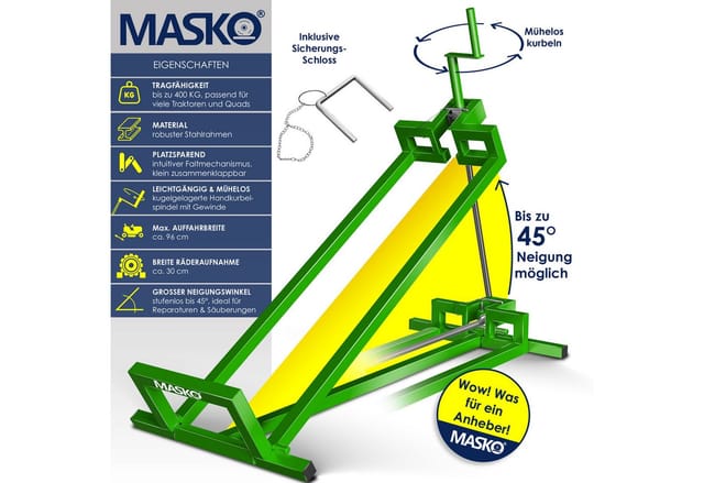 MASKO Rasentraktor Heber 450kg Hebevorrichtung für Aufsitzmäher inkl. Bürste, Rasentraktorheber, universelle Reinigungshilfe, Hebebühne für Quad