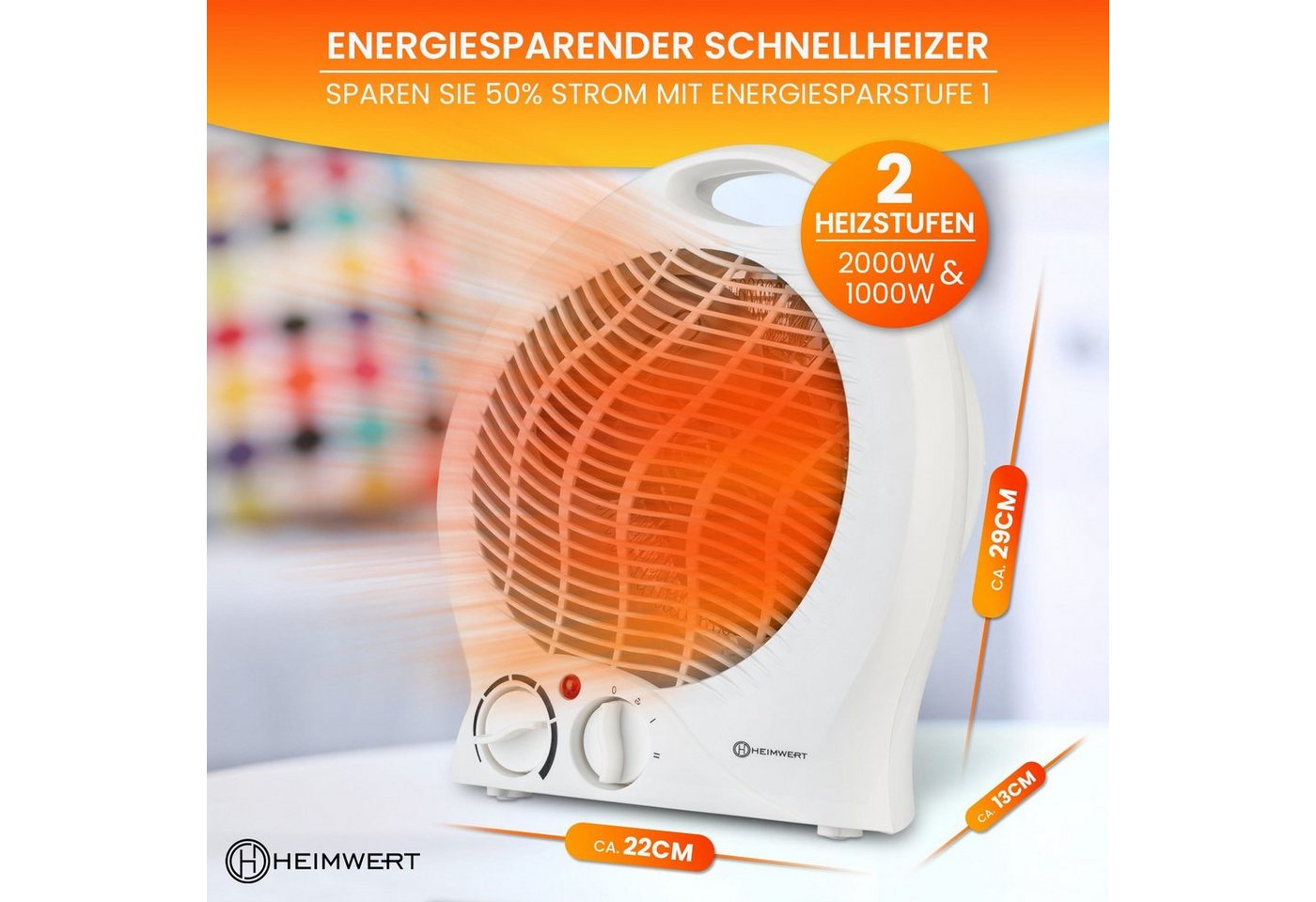 HEIMWERT Infrarotstrahler Elektroheizung Heizlüfter 2000 Watt Schnellheizer, energiesparend 2 Heizstufen 2in1 Kühlfunktion 22x29x13 cm Bild 2
