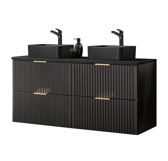 Lomadox Waschtisch ADELAIDE-56-BLACK, mit 2 schwarzen Aufsatzbecken matt schwarz gerillt 120,6/72,2/46,5 cm