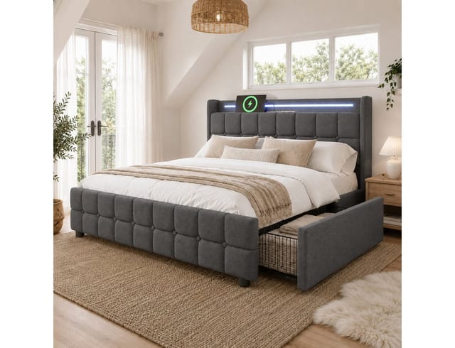 Flieks Polsterbett, LED-Beleuchtung Doppelbett 140x200cm mit Ladefunktion und 4 Schubladen