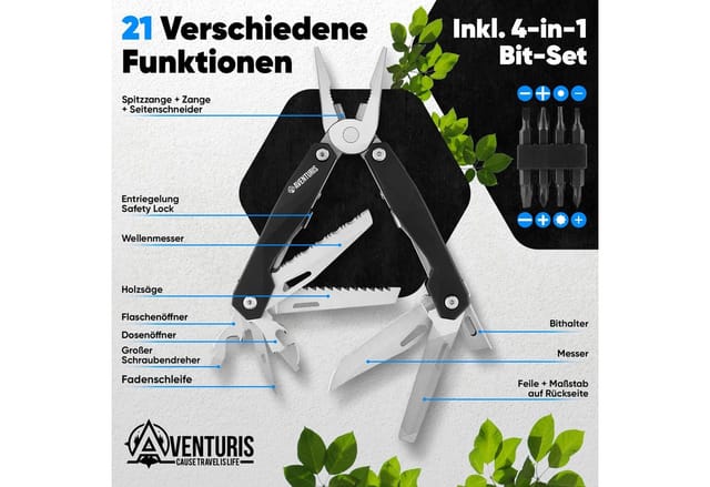 AVENTURIS Multitool T21 aus Edelstahl mit 21 Funktionen! Perfekt fürs Wandern und Campen, Edelstahl