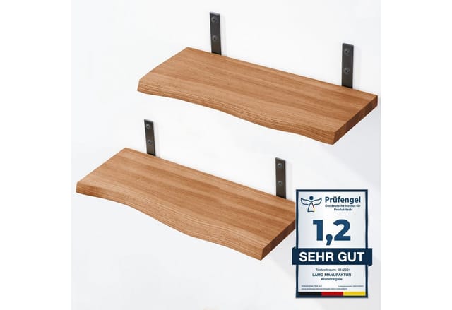 LAMO Manufaktur Wandregal LAMO Manufaktur 2 Stück Wandregal Holz 2x 42cm, Schweberegal Massiv 100% Echtholz, Wandregale SET 2 Baumkante Farbe: Dunkel
