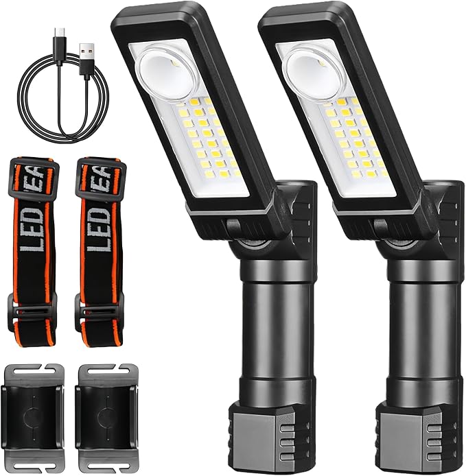 Bordeag 2er-pack Led-arbeitsleuchten – Wiederaufladbare Werkstattleuchte Mit Schwenkfunktion – Cob-inspektionsleuchte Und Led-taschenlampe Für Autoreparaturen, Camping Und Notfälle