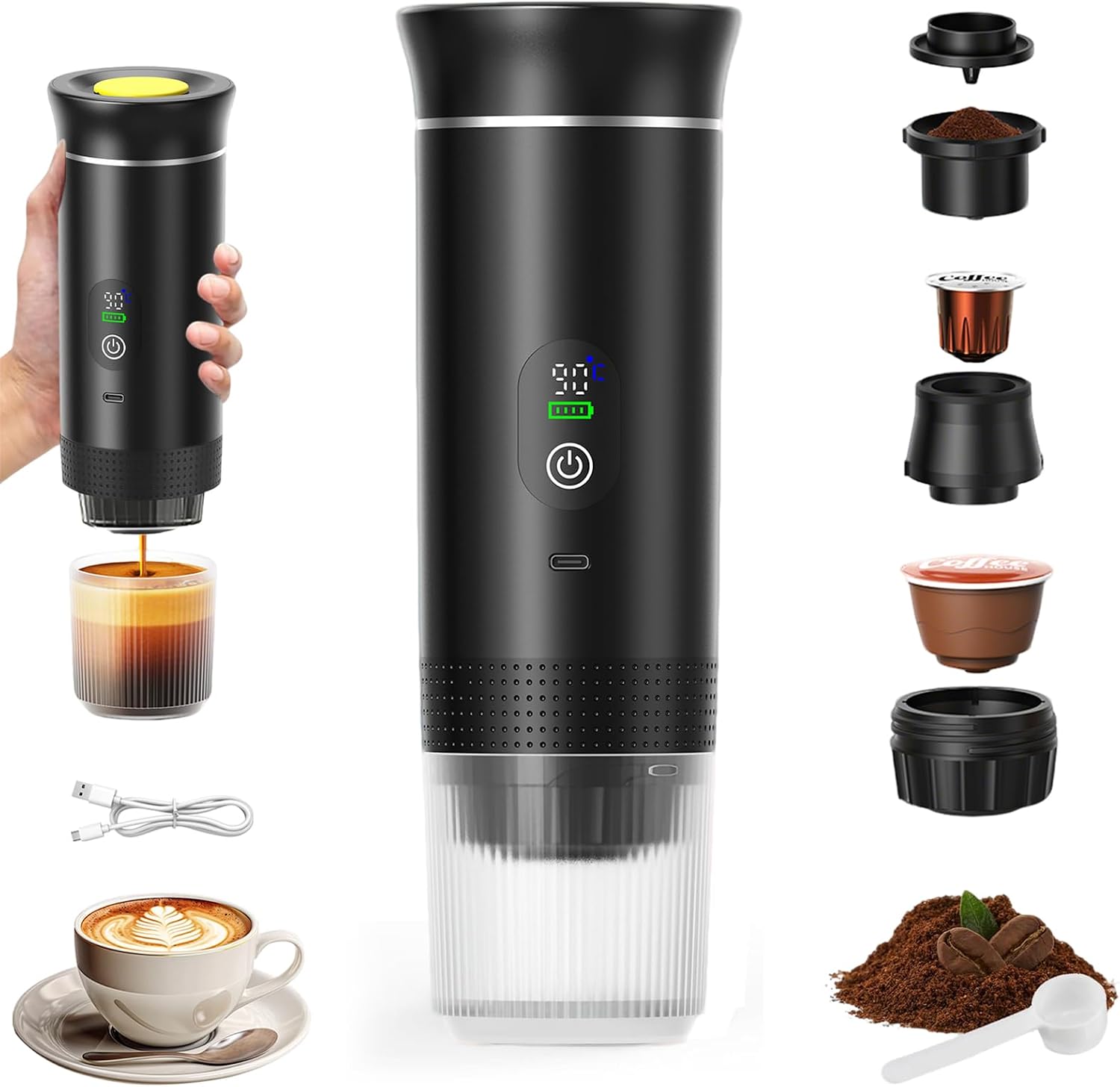 Tragbare, Wiederaufladbare 3-in-1-kaffeemaschine, Ideal Für Reisen Und Camping. 12-v-espressomaschine, Kompatibel Mit Kapseln Und Gemahlenem Kaffee.
