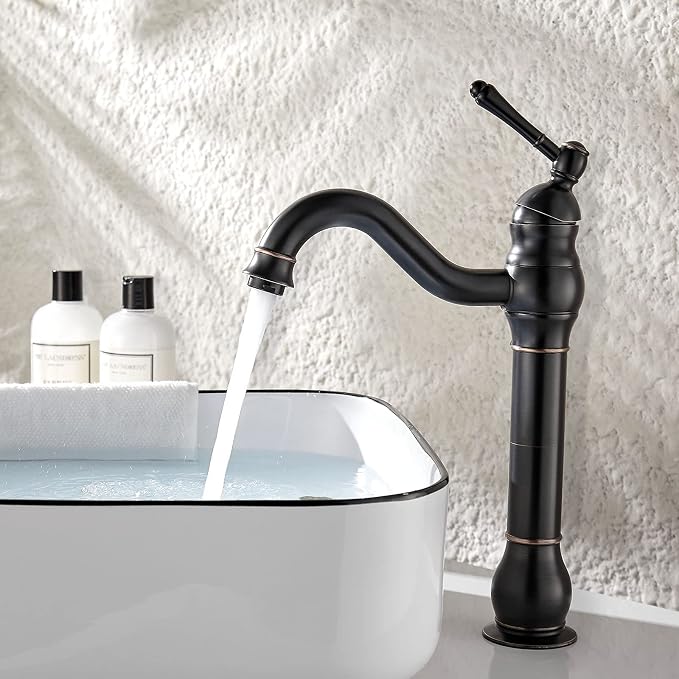 Kisimixer Hohe Waschtischarmatur, 360° Schwenkbarer Mischer, Klassischer Retro-waschtischmischer, Messing-waschtischmischer, Schwarz