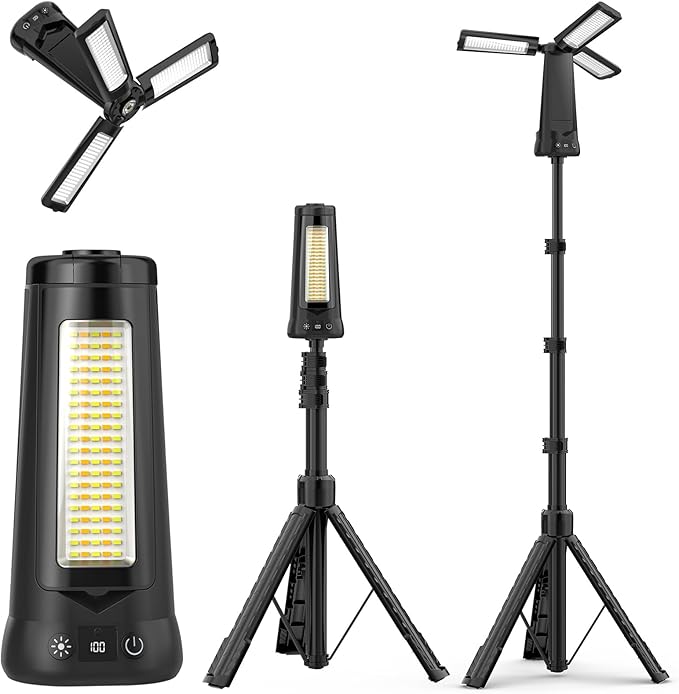 Adewalk 15000mah Wiederaufladbare Led-campinglampe Mit Stativ, 5500lm Dimmbare Arbeitsleuchte, Ip65 Wasserdicht, Tragbare Zeltleuchte Mit Haken Für Arbeit, Notfälle Und Baustellen (schwarz)