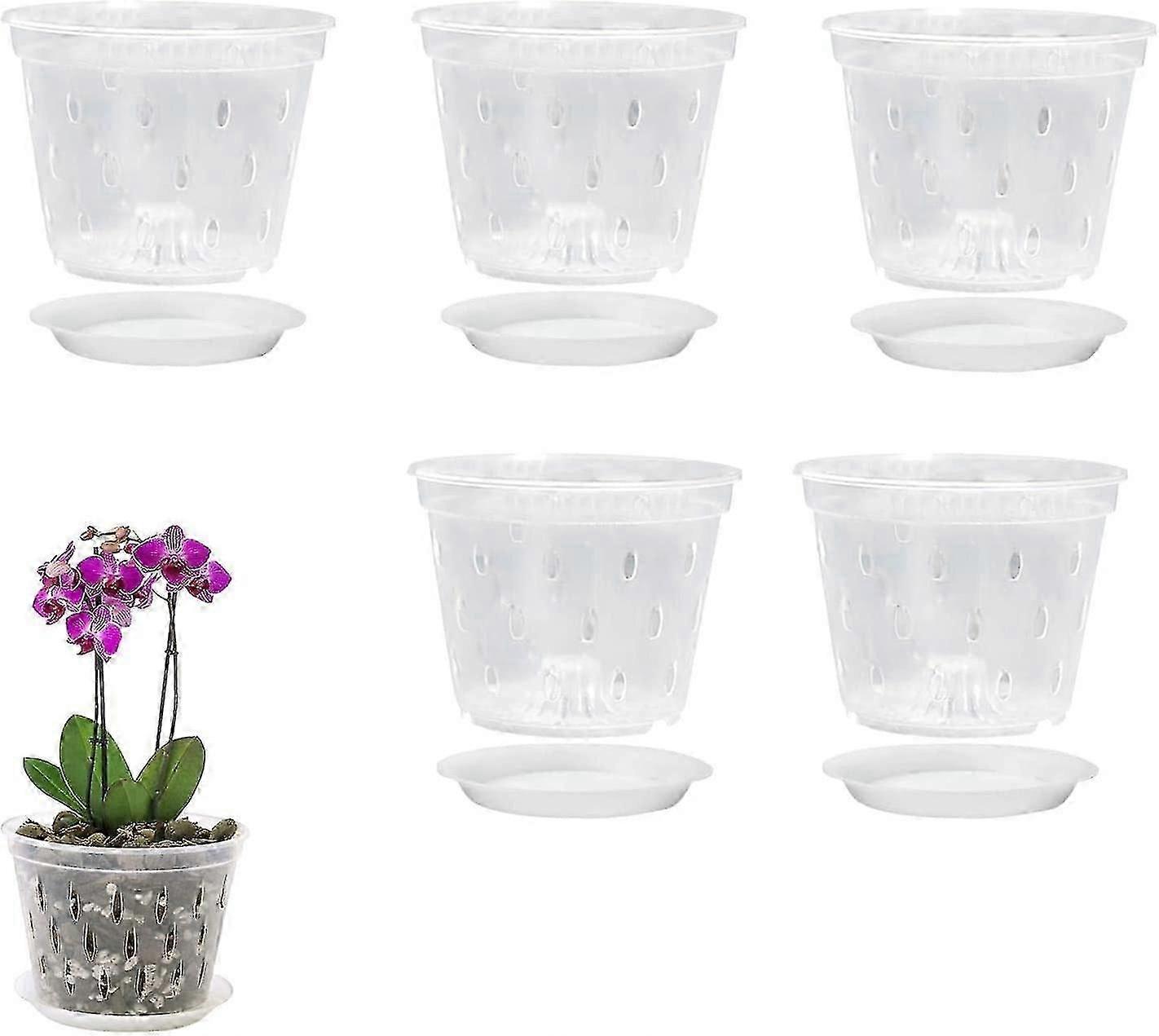 Set Mit 5 Transparenten Orchideentöpfen (13 Cm) Mit Abflusslöchern Und Untersetzern. Atmungsaktive Kunststofftöpfe Mit Schlitzen Für Orchideen, Geeignet Für Den Innen- Und Außenbereich.