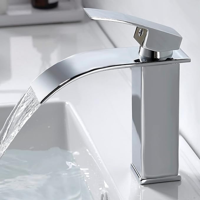 Kisimixer Moderne Wasserfall-waschtischarmatur, Elegantes Design, Wasserfall-mischbatterie, Warm- Und Kaltwasseranschluss, Chrom-finish G 3/8, Waschtischarmatur Ohne Ablaufgarnitur