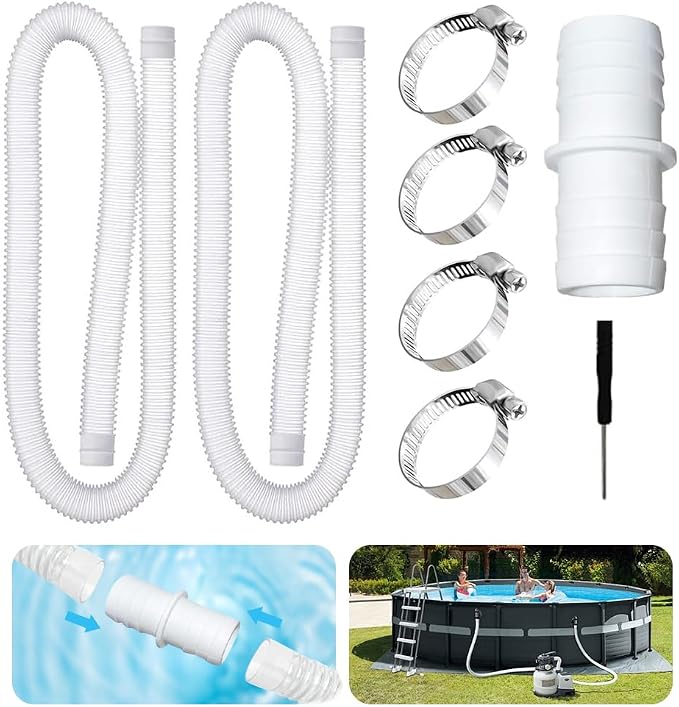 2 Stück 32-mm-poolschlauch, 1,5 M Ersatzschlauch Für Schwimmbäder, Poolschlauch Mit 4 Sicherheitsclips Und 1 Universalanschluss Für Schwimmbäder, Wasserfilterpumpen, Teichbewässerung (weiß)
