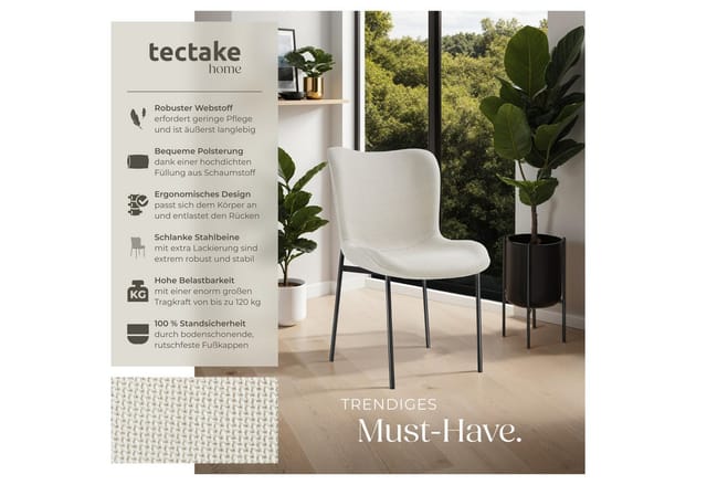 tectake Esszimmerstuhl Polsterstuhl Tessa (Set, 1 St), Hohe Rückenlehne und ultradicke Schaumstoffpolsterung