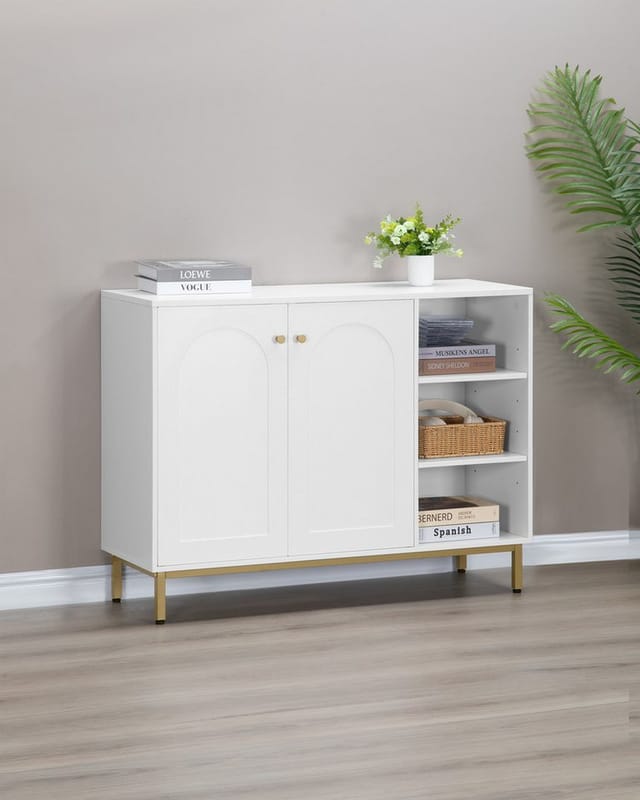 HZUANERI Badkommode Badezimmerschrank, Waschtischunterschrank, Küchenschrank, mit 3 offenem Fach, 2 Türen, verstellbarem Regal, Weiß