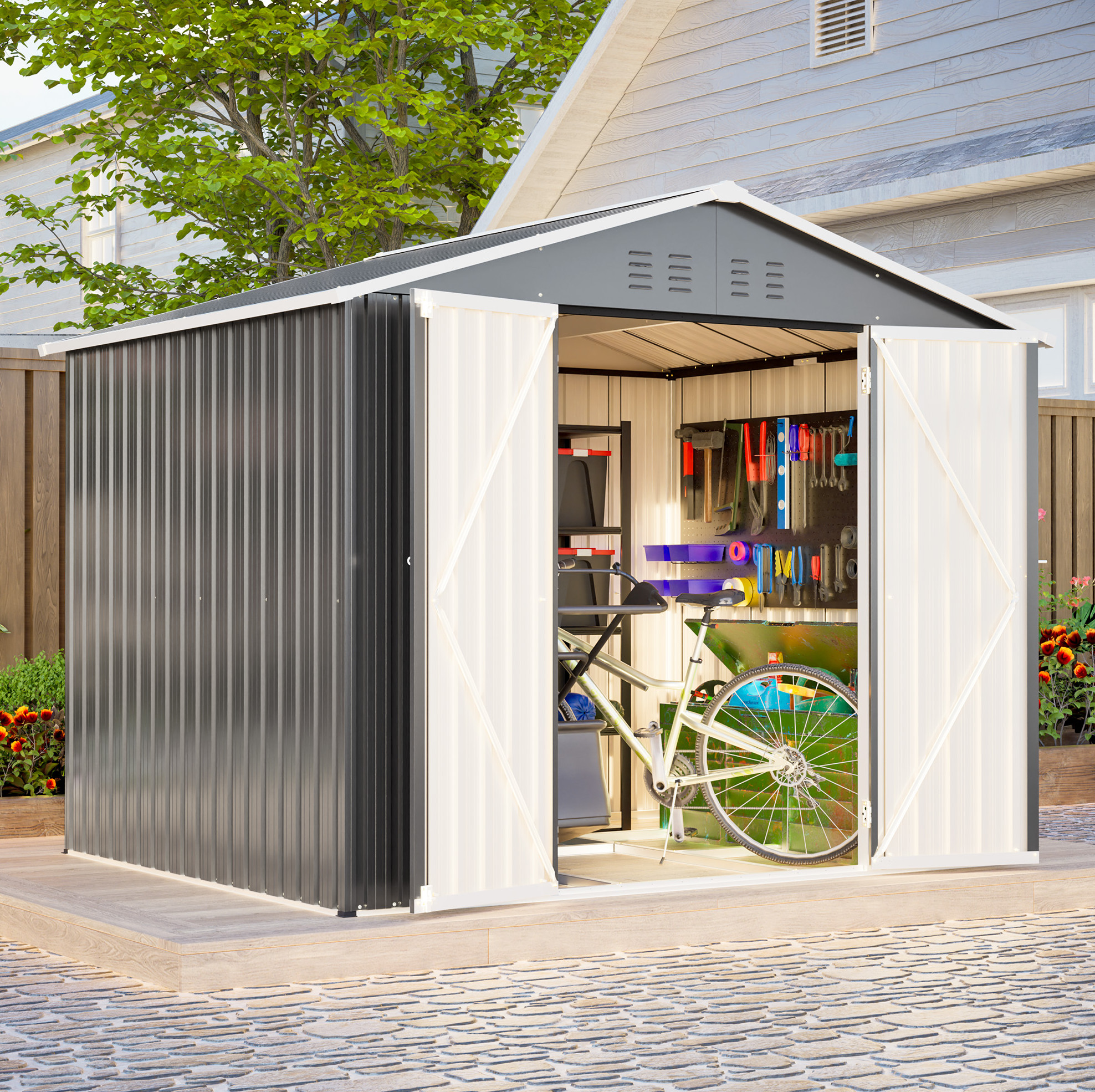Gerätehaus 229.4x180x192.3 Cm, Breite Klapptür, Belüftungsöffnungen, Metall, Grau