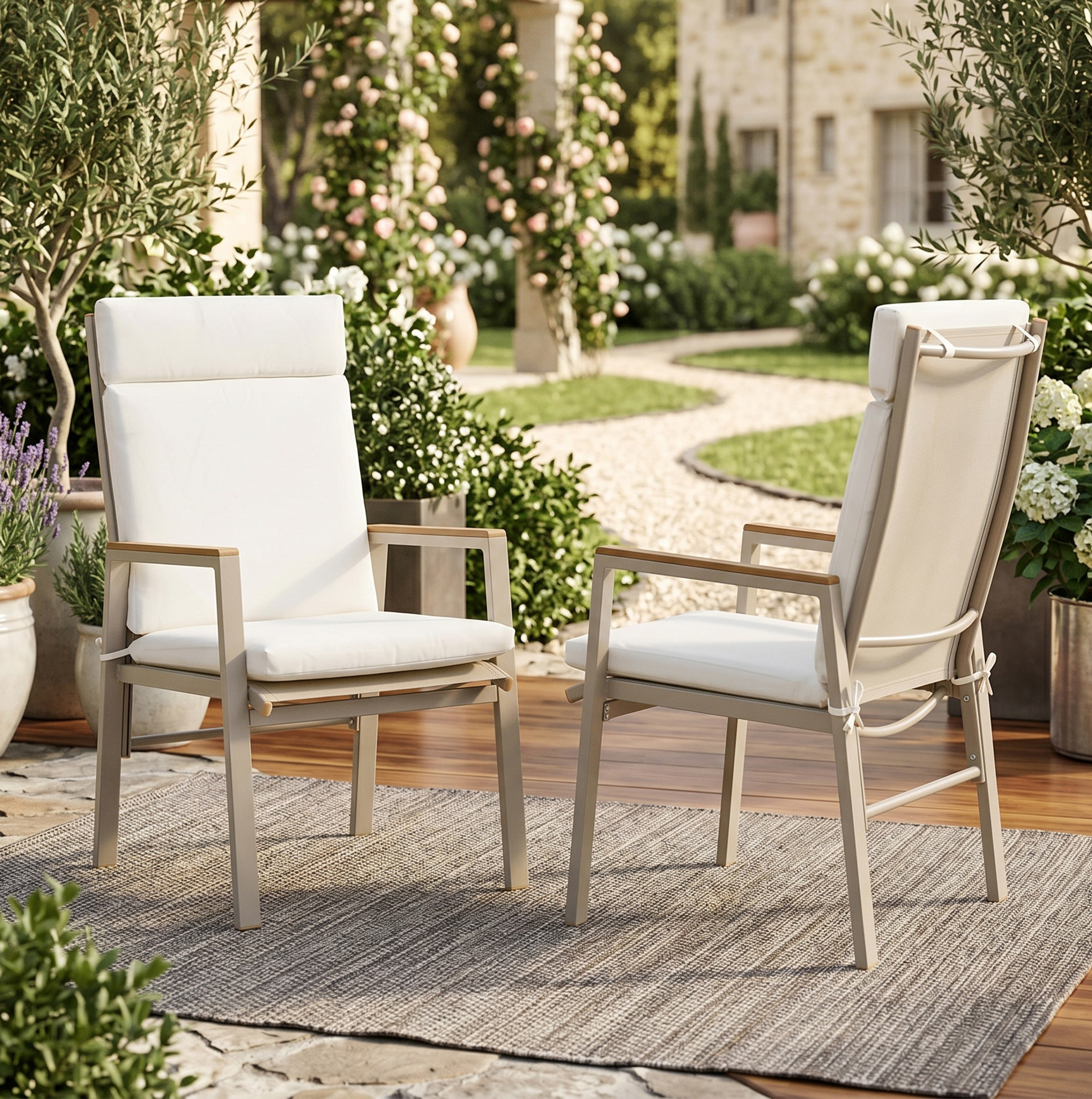 Set Aus 2 Gartenstühlen Mit Armlehnen, Atmungsaktiver Textilenesitz, Verzinktes Eisen, Beige