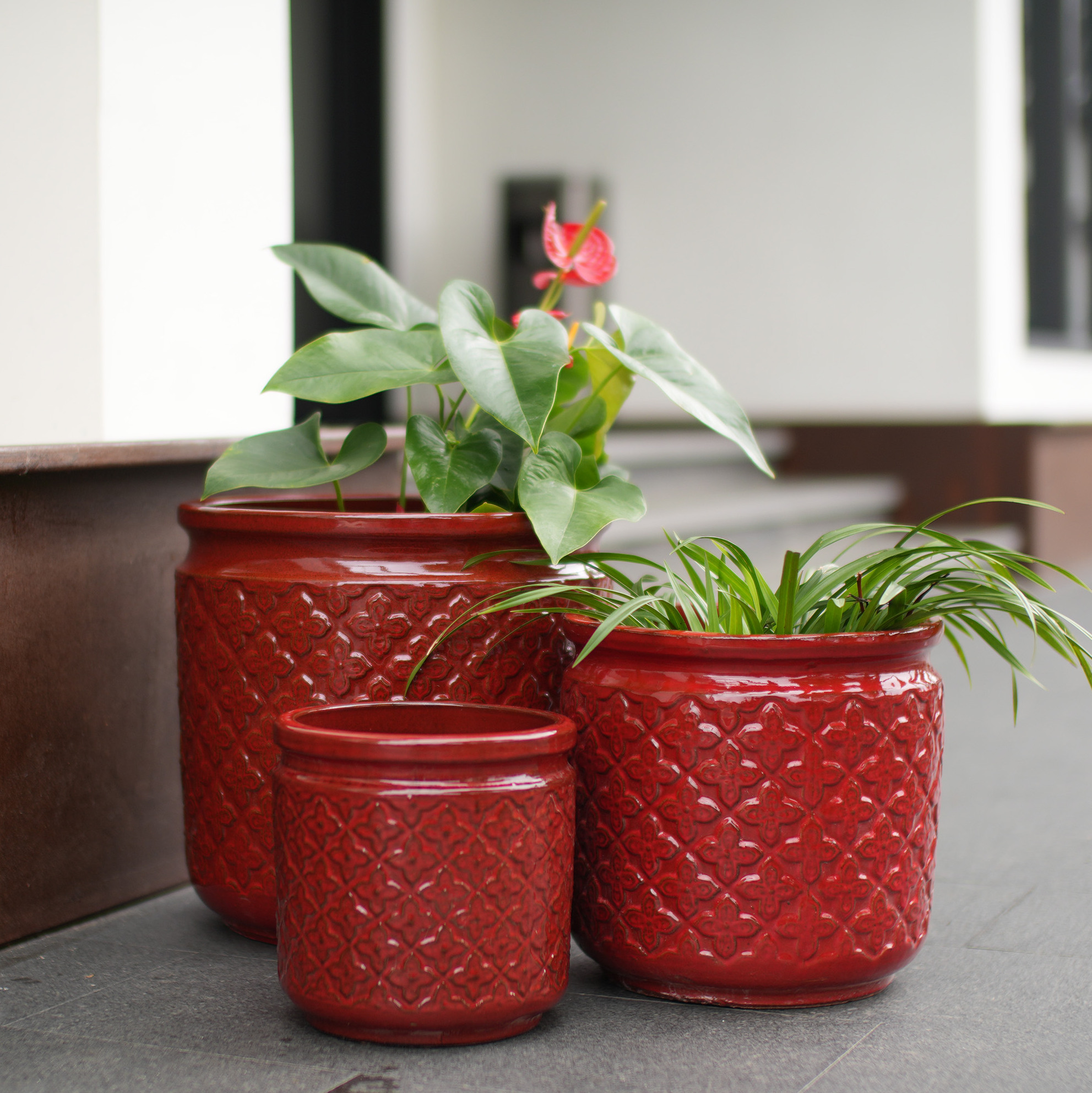 Pflanztopf Set 50x50x51.5 Cm, 3 Teilig, Rautenrelief, Keramik, Weinrot