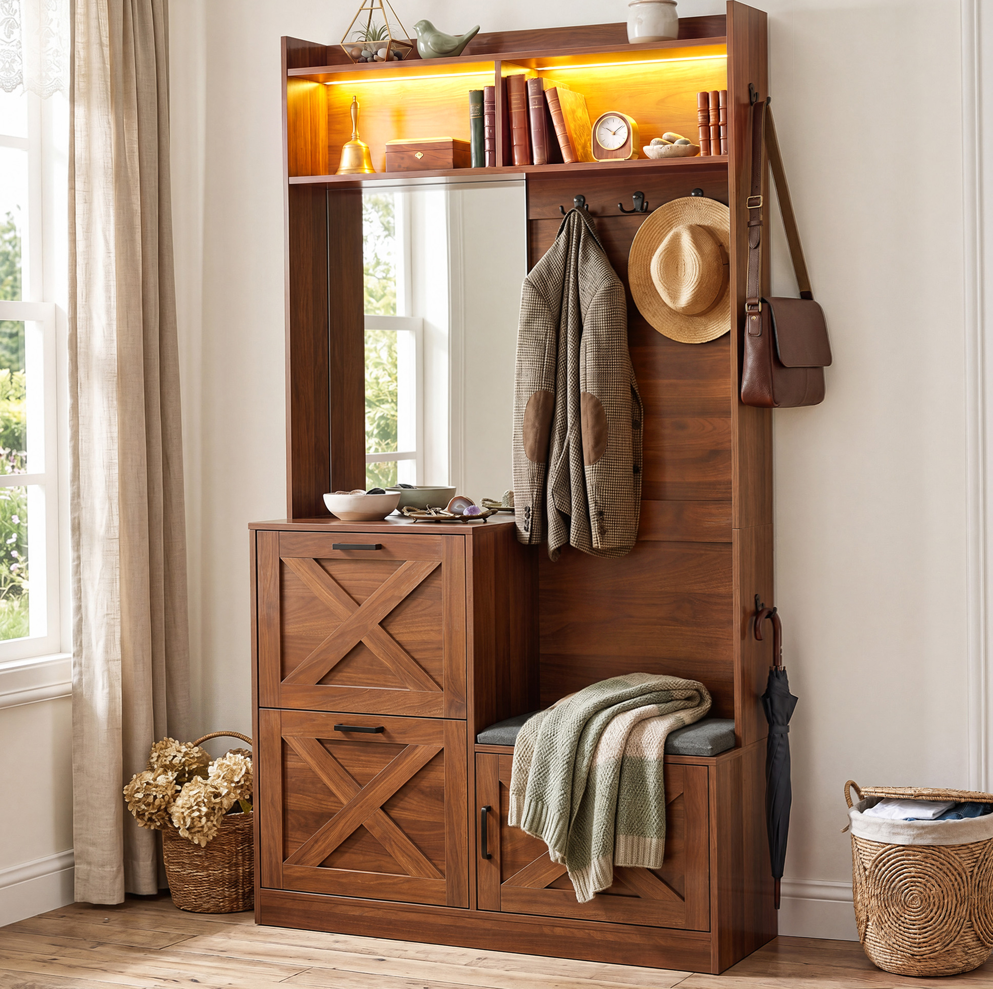 Kompaktgarderobe 100x25x180 Cm, Appsteuerbare Led, Spiegel, Schuhfächer, Mdf Und Spanplatte, Nussbaum