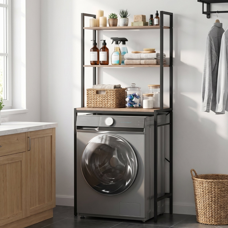Redom Waschmaschinenregal 67x40x161.8 Cm, 3 Ebenen Mit Stange, Metall Und Spanplatte, Braun